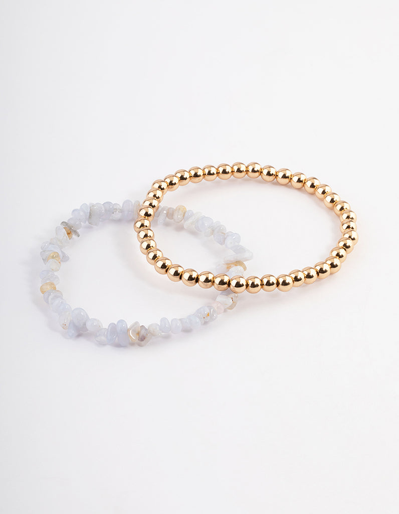 Gold Blue Lace Agate Chip Stretch Bracelet Pack