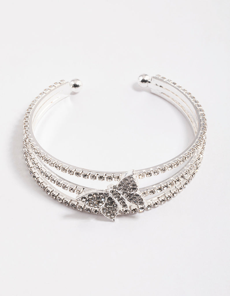 Silver Triple Row Diamante Butterfly Cuff Bangle