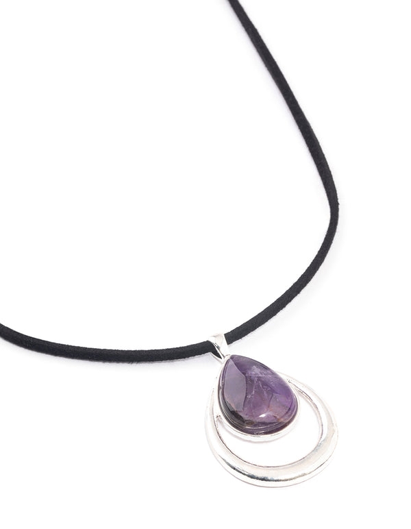 Silver Amethyst Double Teardrop Cord Necklace