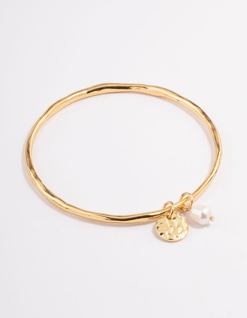 Gold Plated Freshwater Pearl Hammered Disc Bangle Bracelet