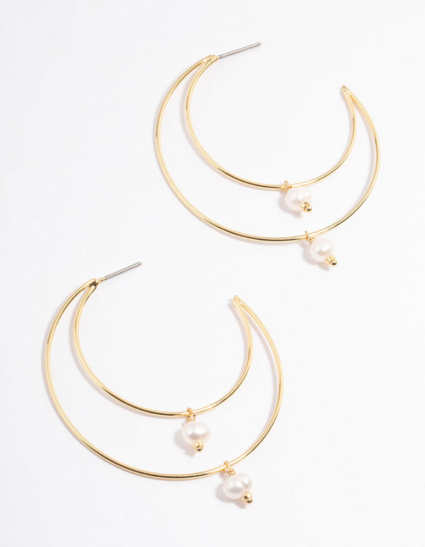 Gold Plated Double Layer Freshwater Pearl Drop Hoop Earrings