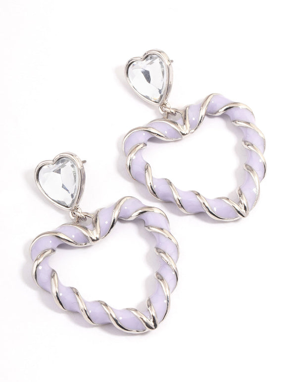 Rhodium Purple Heart Twist Drop Earrings