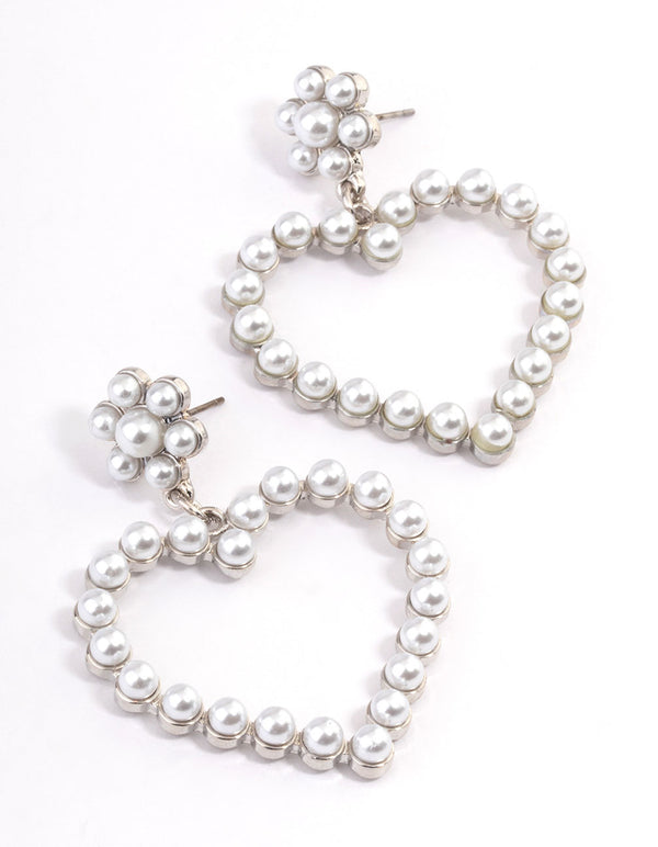 Rhodium Pearl Heart Statement Earrings