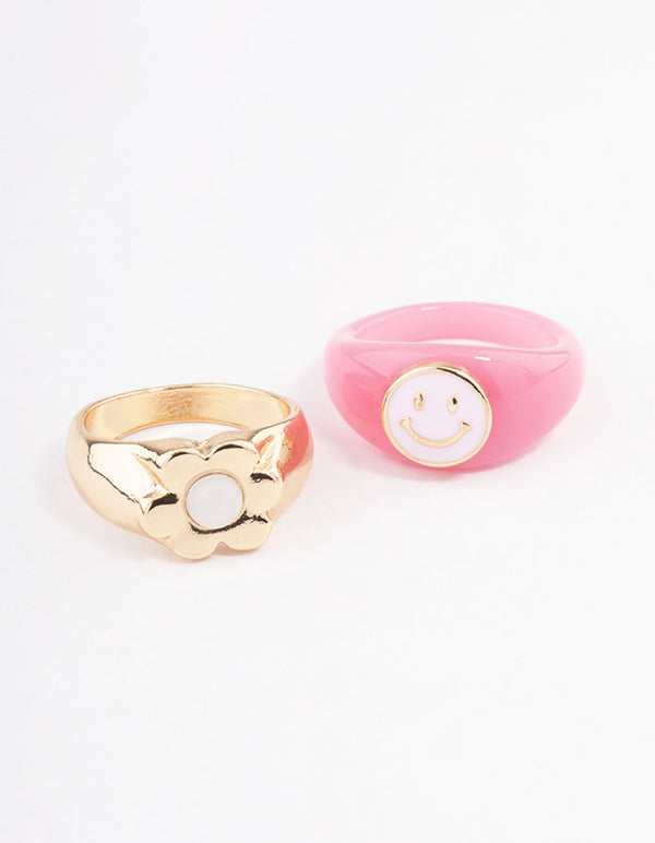 Pink Smiley Flower Ring Pack