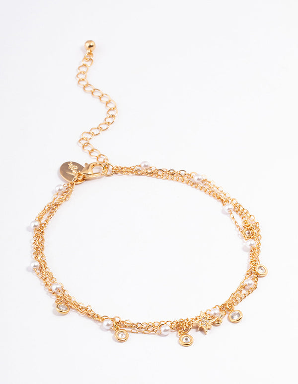 Gold Cubic Zirconia & Pearl Bead Anklet Pack