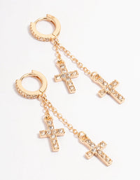 Gold Diamante Double Cross Huggie Earrings - link has visual effect only