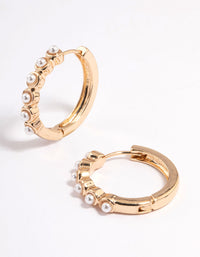 Gold Medium Dotted Pearl Huggie Earrings - link has visual effect only