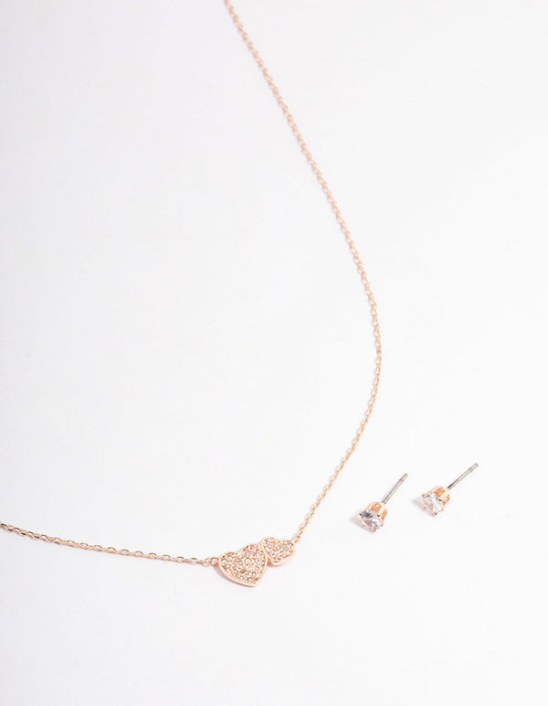 Rose Gold Cubic Zirconia Double Heart Jewellery Set