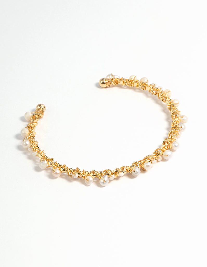 Gold Plated Freshwater Pearl Dainty Cuff Bracelet