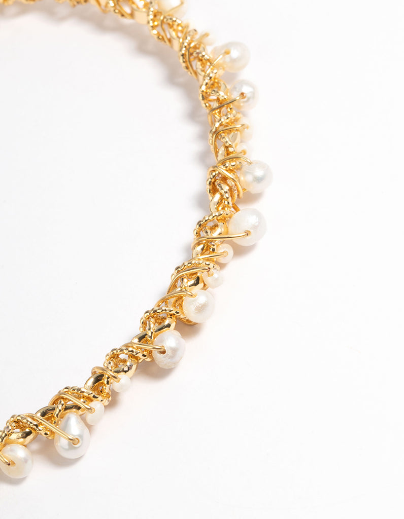 Gold Plated Freshwater Pearl Dainty Cuff Bracelet