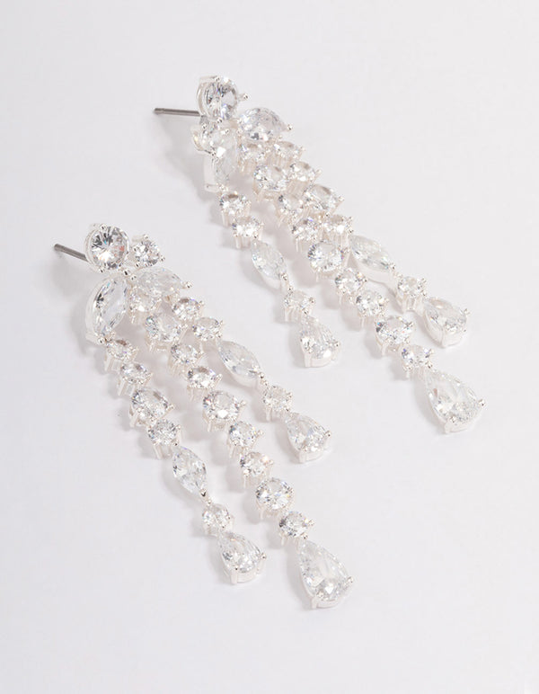 Silver Plated Cubic Zirconia Trio Drop Marquise Earrings