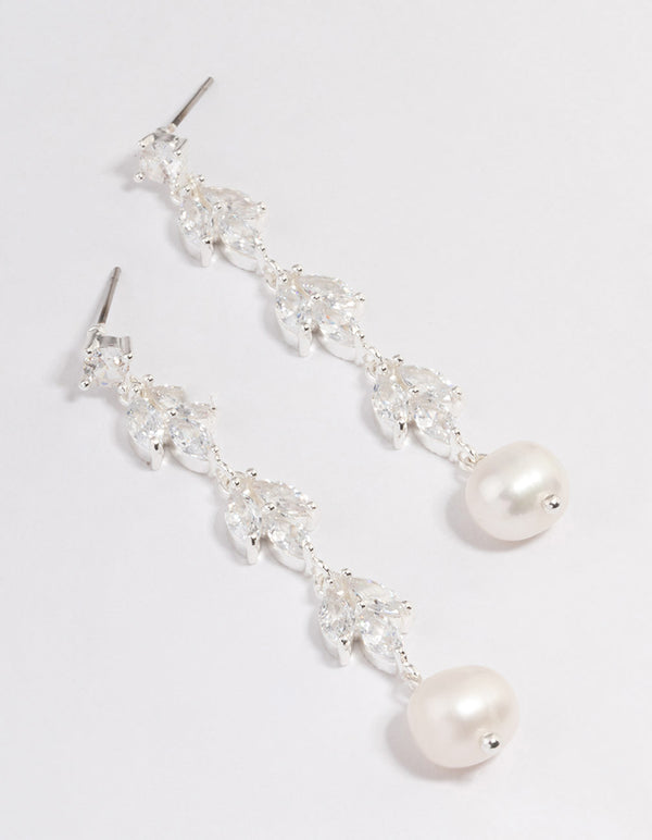 Silver Plated Leaf Pearl Cubic Zirconia Drop Earrings