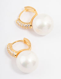 Gold Plated Large Pearl Drop Cubic Zirconia Huggie Earrings - link has visual effect only