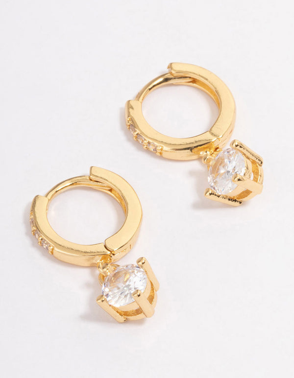 Gold Plated Solitaire Drop Huggie Earrings
