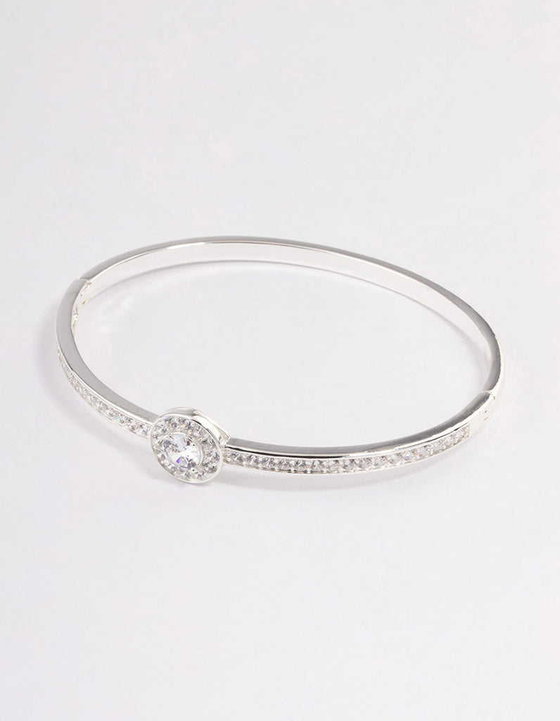 Silver Plated Halo Cubic Zirconia Cuff Bangle