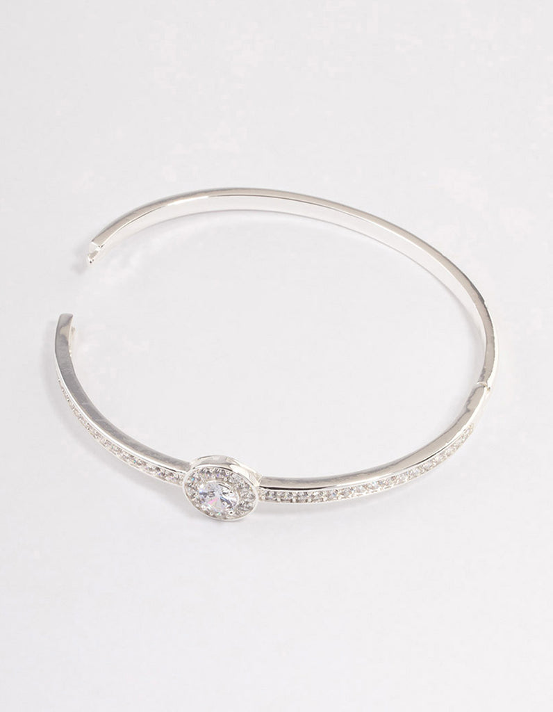 Silver Plated Halo Cubic Zirconia Cuff Bangle