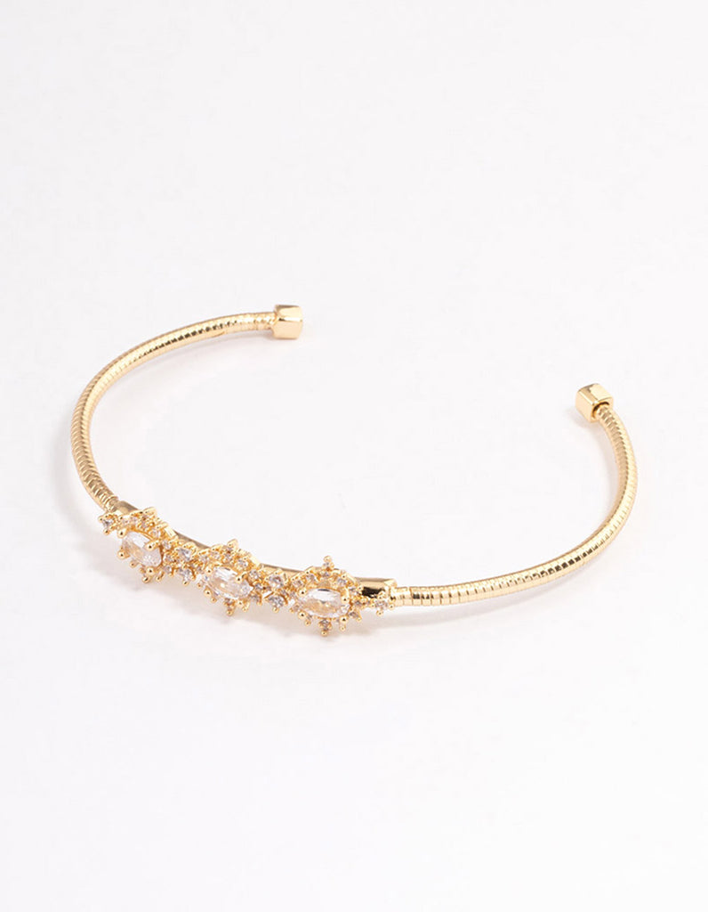 Gold Plated Cubic Zirconia Trio Flower Cuff Bangle