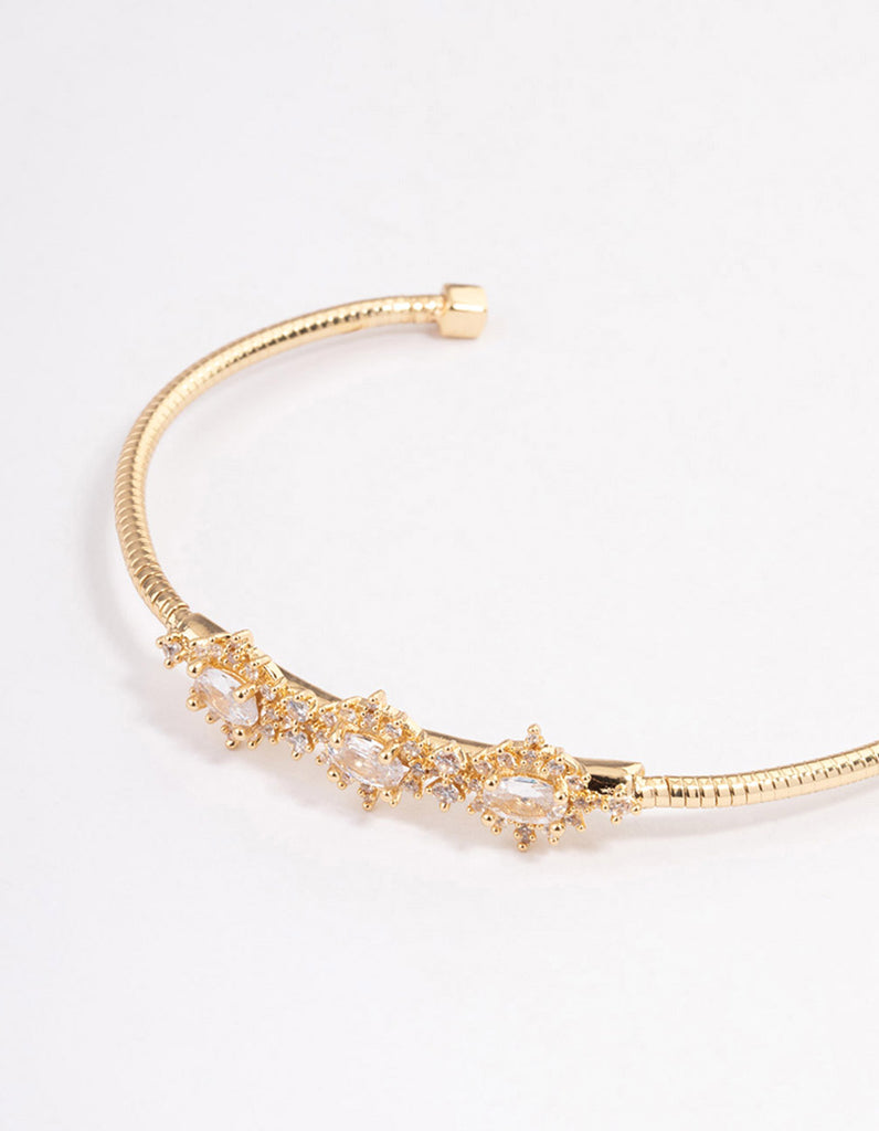 Gold Plated Cubic Zirconia Trio Flower Cuff Bangle