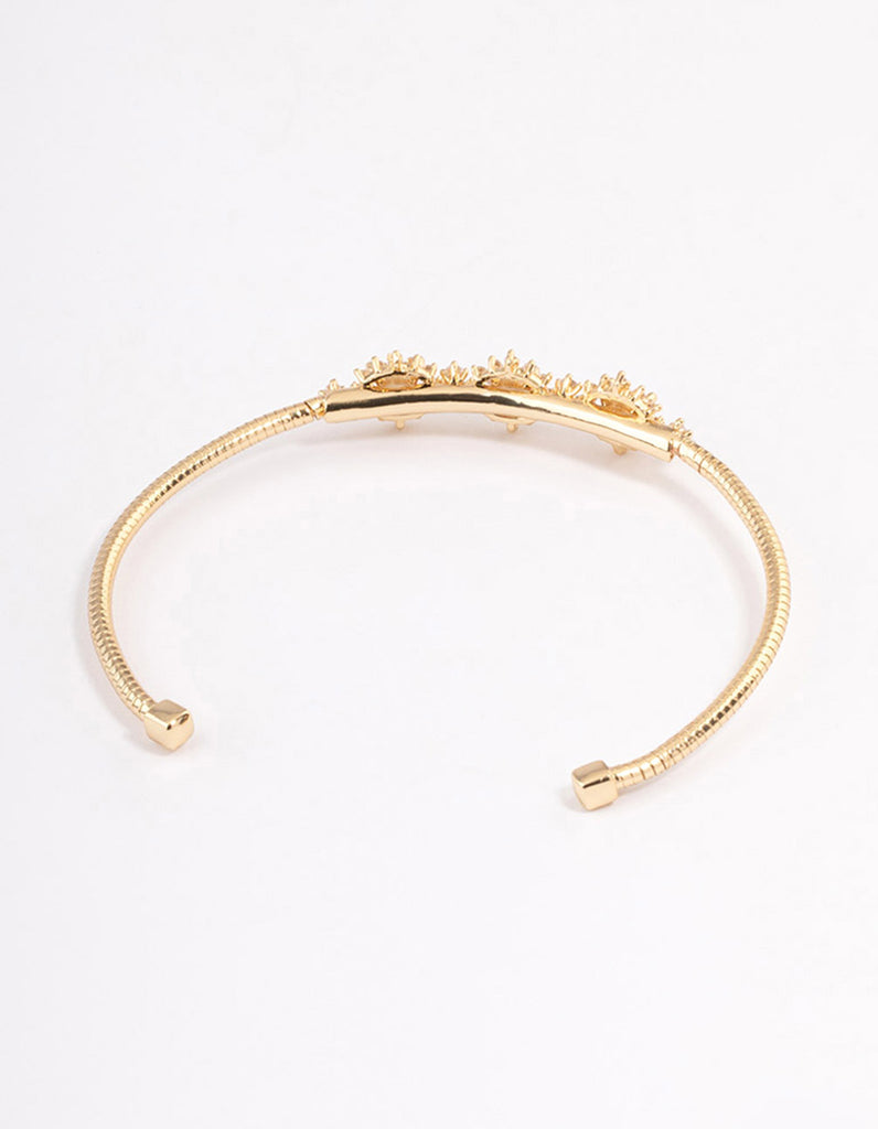 Gold Plated Cubic Zirconia Trio Flower Cuff Bangle