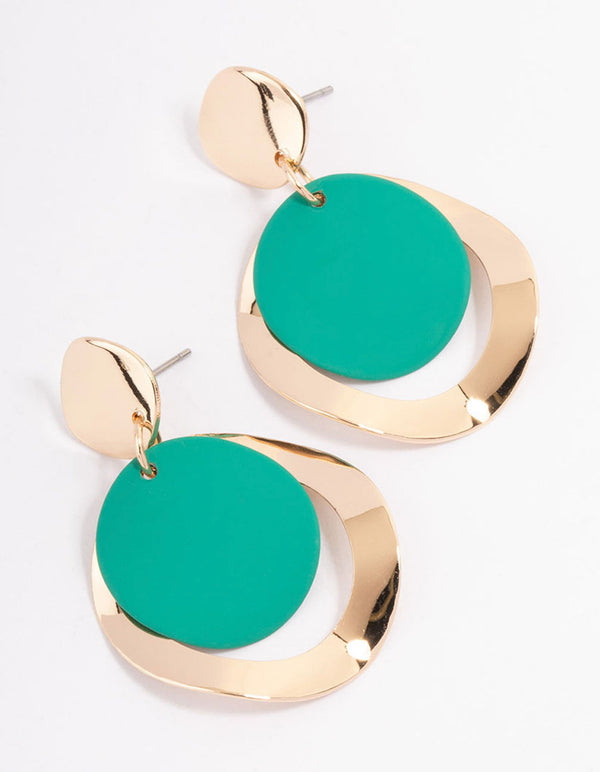 Green Warped Open Disc Drop Earrings