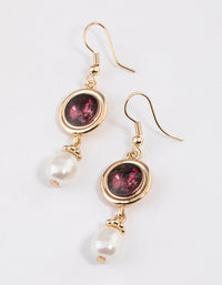 Gold Round Stone Pearly Drop Earrings - link has visual effect only