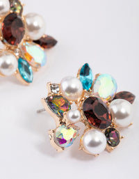 Gold Mixed Jewels Statement Stud Earrings - link has visual effect only