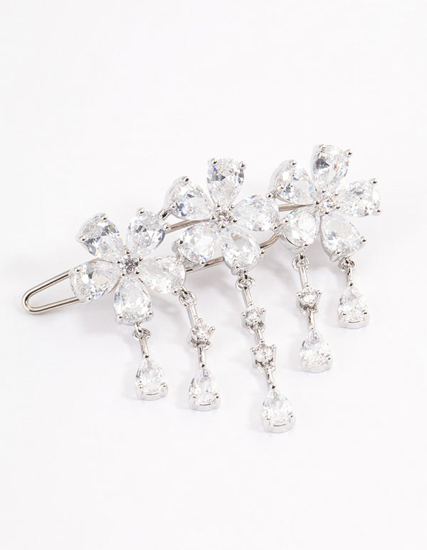 Rhodium Cubic Zirconia Triple Flower Droplet Hair Clips Pack