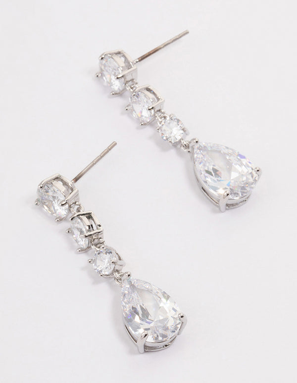 Rhodium Graduating Stone Pear Drop Earrings