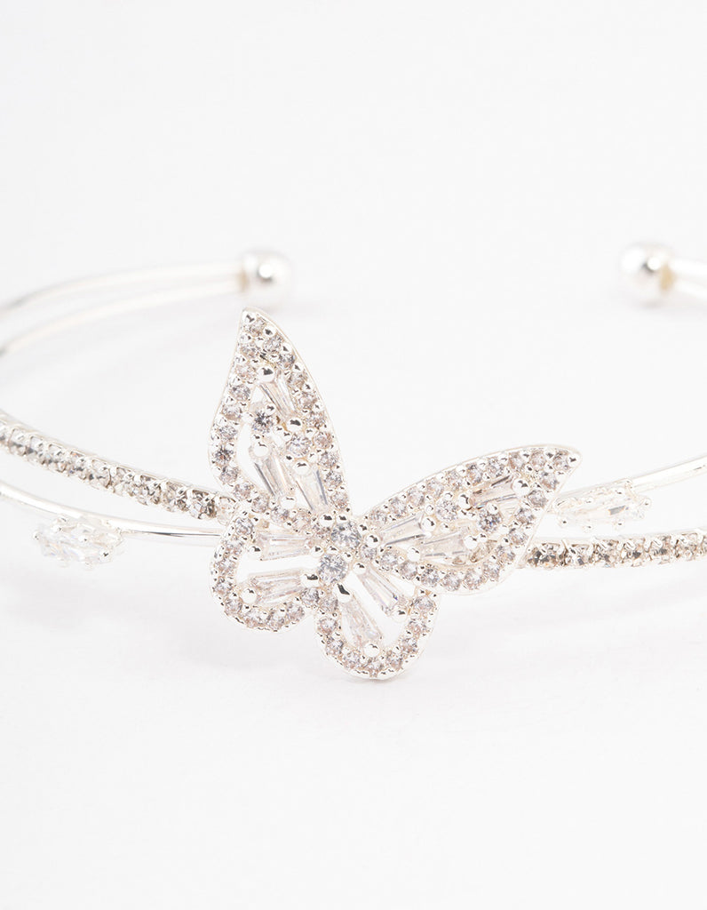 Silver Cubic Zirconia Butterfly Cross Over Cuff Bangle