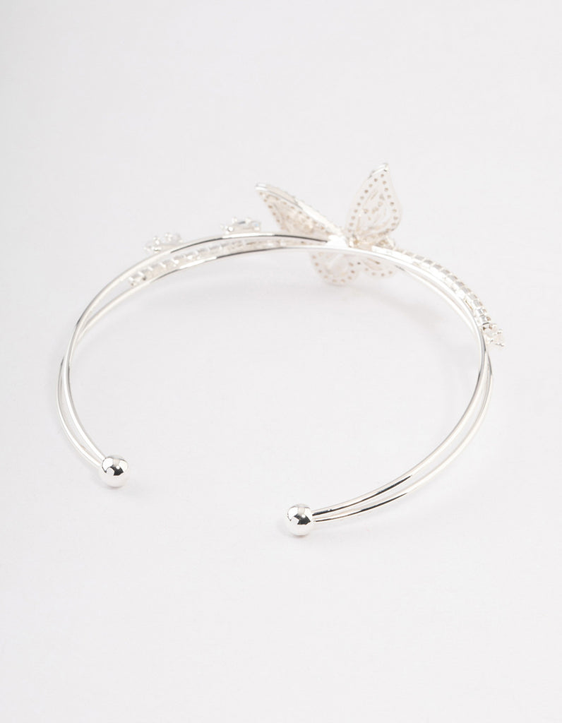 Silver Cubic Zirconia Butterfly Cross Over Cuff Bangle