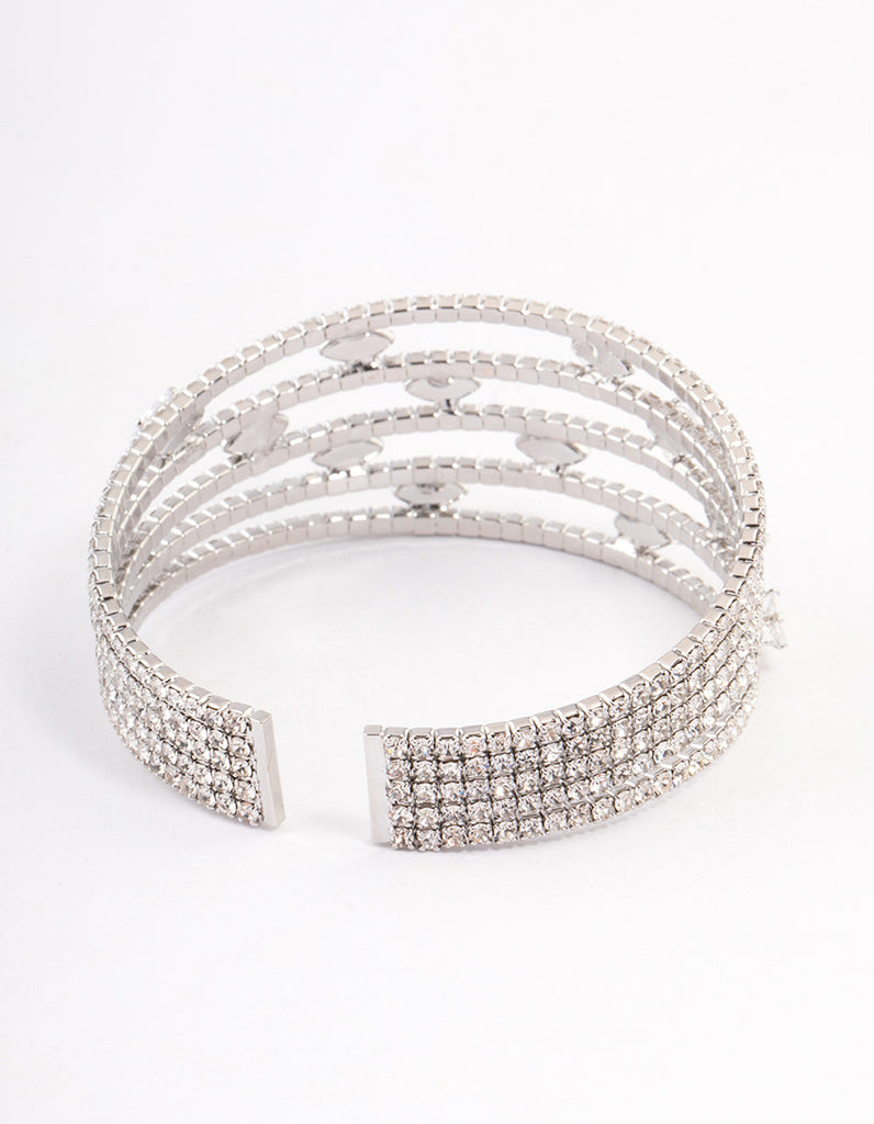 Rhodium Cubic Zirconia Marquise Cupchain Cuff Bangle