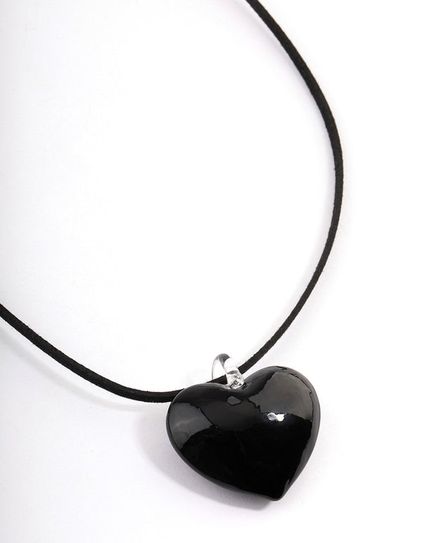 Large Black Puffy Heart Suede Cord Necklace