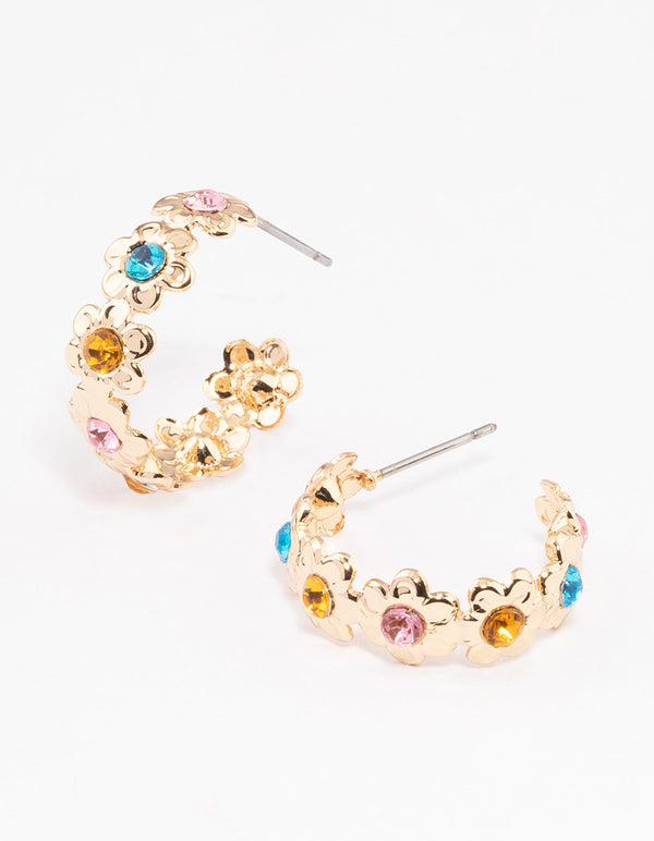 Gold Mini Diamante Flower Hoop Earrings