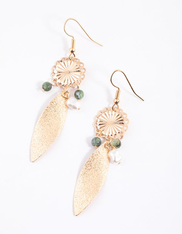 Green Boho Leaf & Beaded Drop Earrings