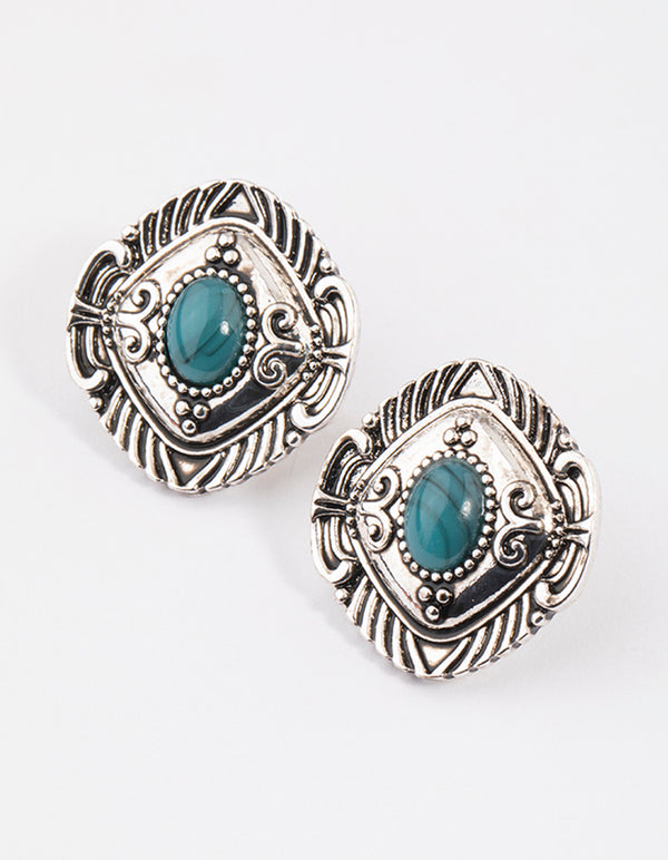 Turquoise Large Oval Boho Stud Earrings