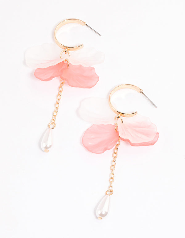 Pink Mixed Petal Cupchain Pearl Huggie Earrings