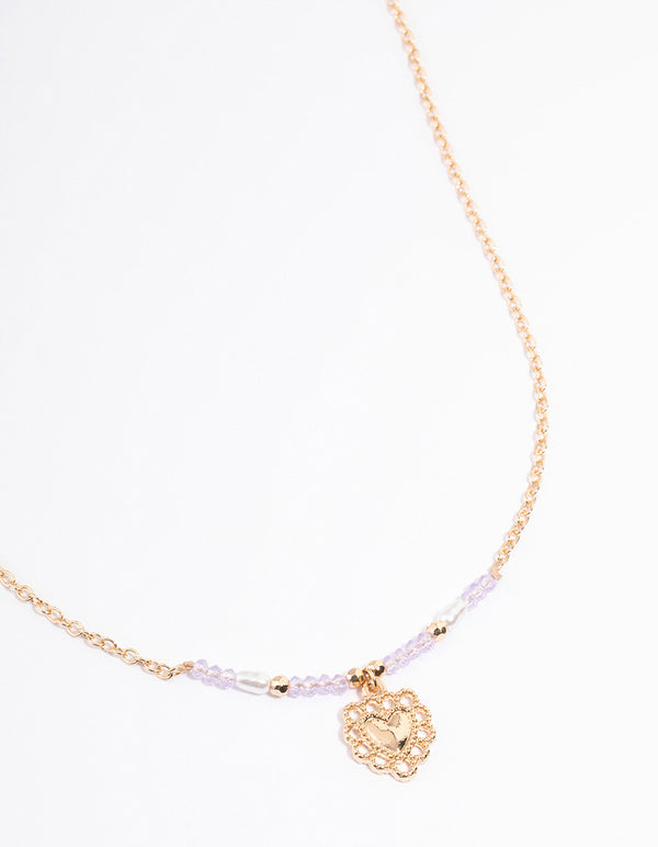 Gold Ornate Heart & Pearl Necklace