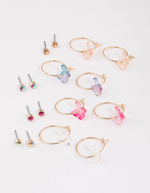 Gold Diamante & Butterfly Hoop Earrings 8-Pack