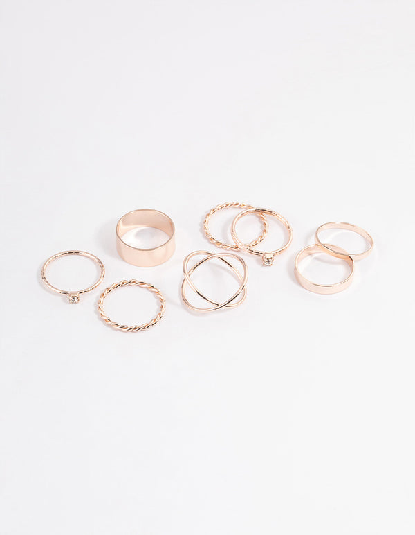 Rose Gold Thick & Diamante Ring 8-Pack