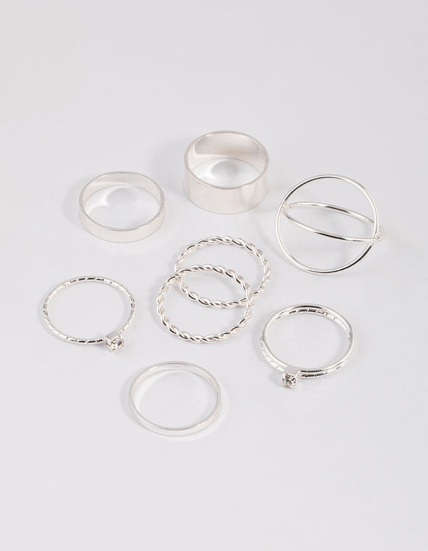 Silver Thick & Diamante Ring 8-Pack