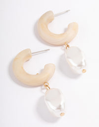 Gold Thick Hoop Pearl Drop Earrings - link has visual effect only