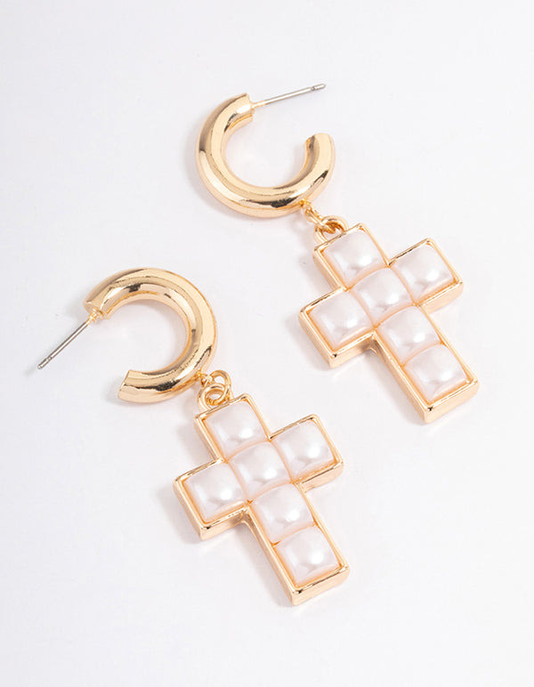 Gold Pearl Cross Earrings