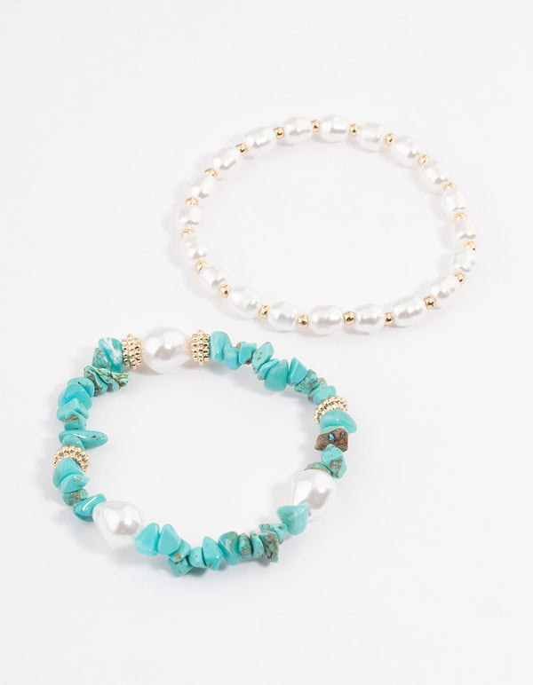 Gold Pearl & Turquoise Chip Stretch Bracelet Pack