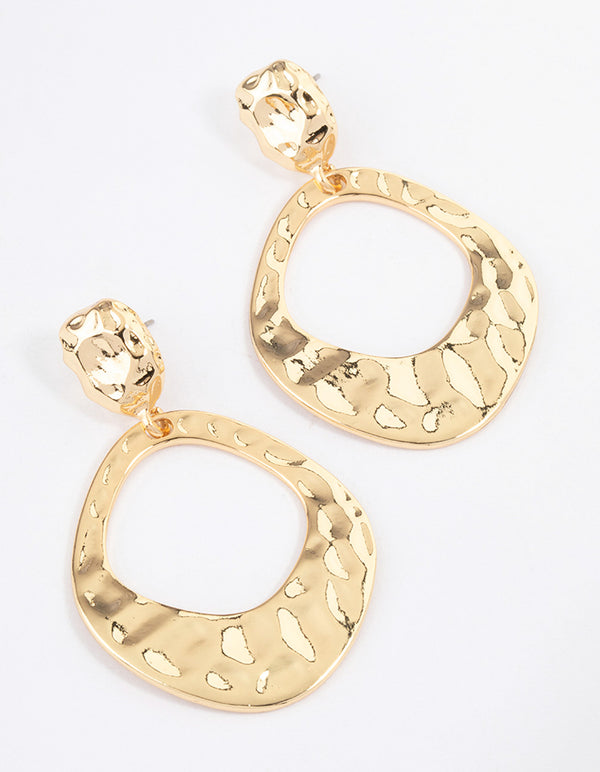 Gold Plated Molten Open Circle Drop Earrings
