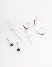 Silver Plated Cubic Zirconia Dagger Huggie Earrings Pack - link has visual effect only