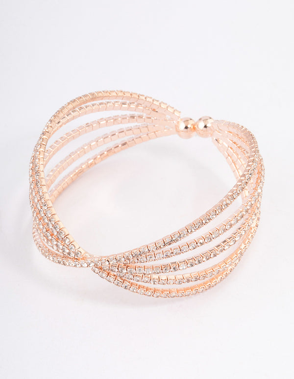 Rose Gold Triple Row Fan Crisscross Cuff Bangle