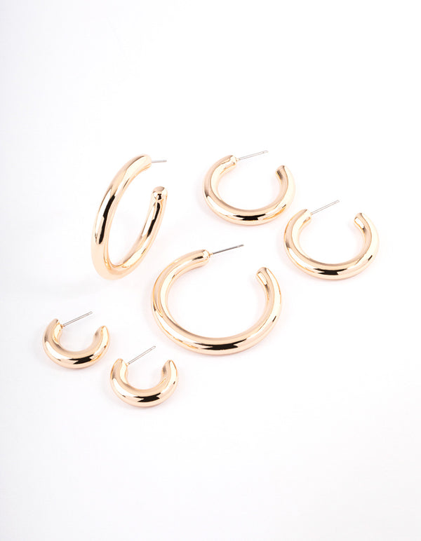 Gold Puffy Mixed Hoop Earrings Pack