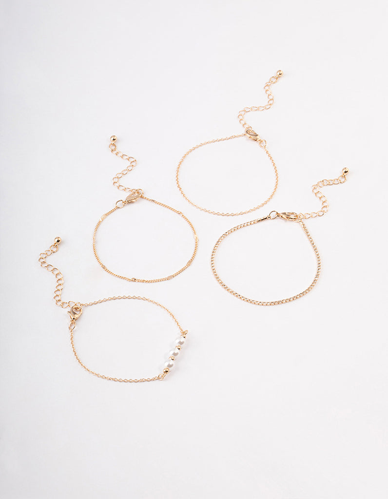 Gold Pearl Diamante Chain Bracelet 4-Pack