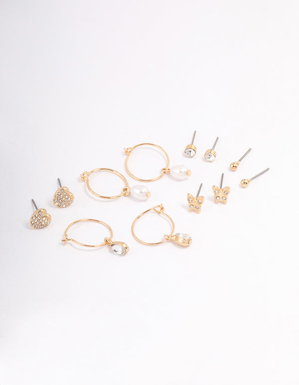 Gold Diamante Charm & Pearl Earrings 6-Pack