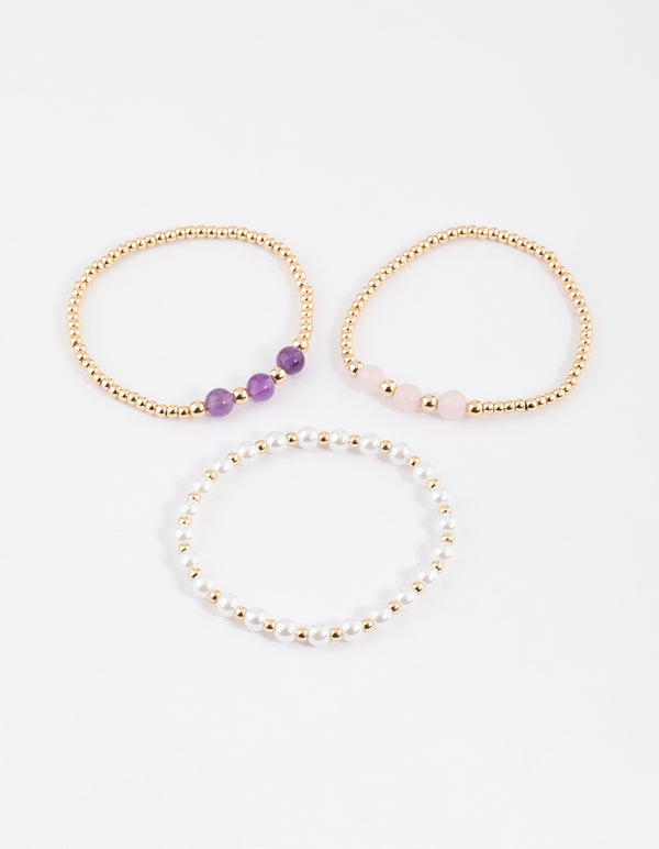 Gold Pearl & Amethyst Stretch Bracelet Pack